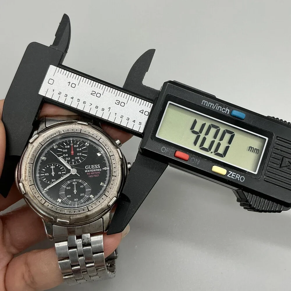 Vtg Guess Waterpro Mens Watch 40mm Black Dial Stainless Chrono New Battery 6.75